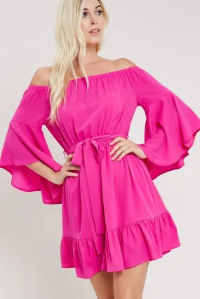 Bell Sleeves Off The Shoulder Dress - Hot Pink 💖