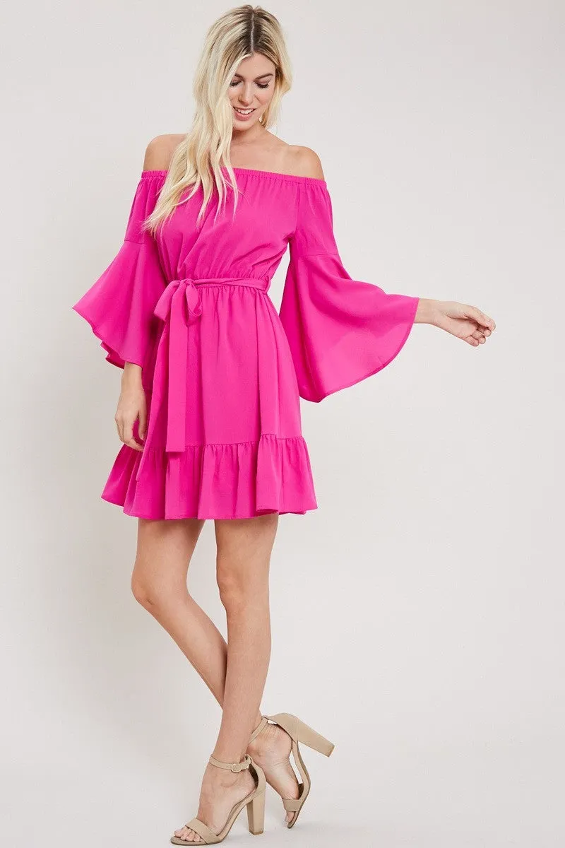Bell Sleeves Off The Shoulder Dress - Hot Pink 💖