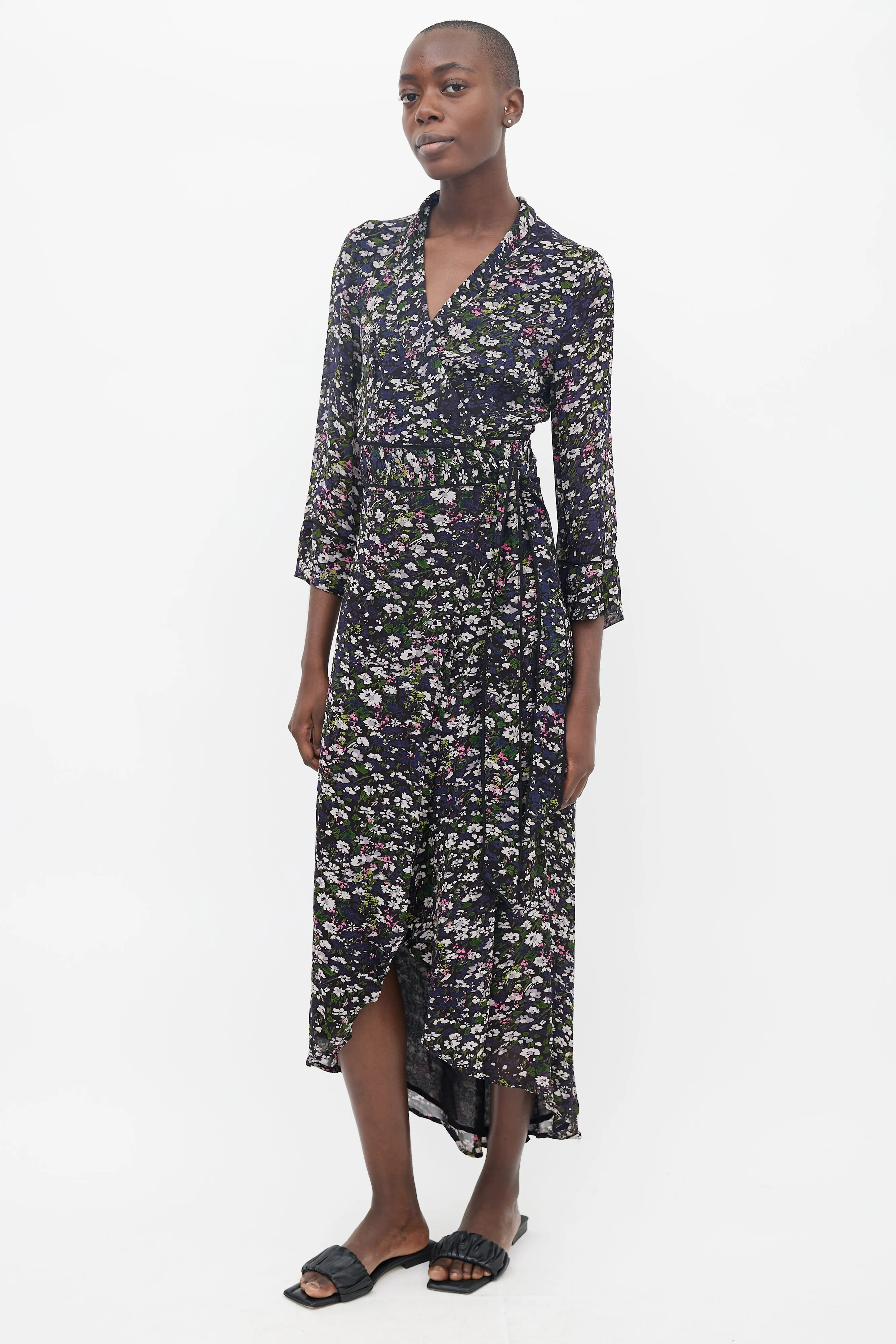 Black & Multicolor Floral Wrap Maxi Dress