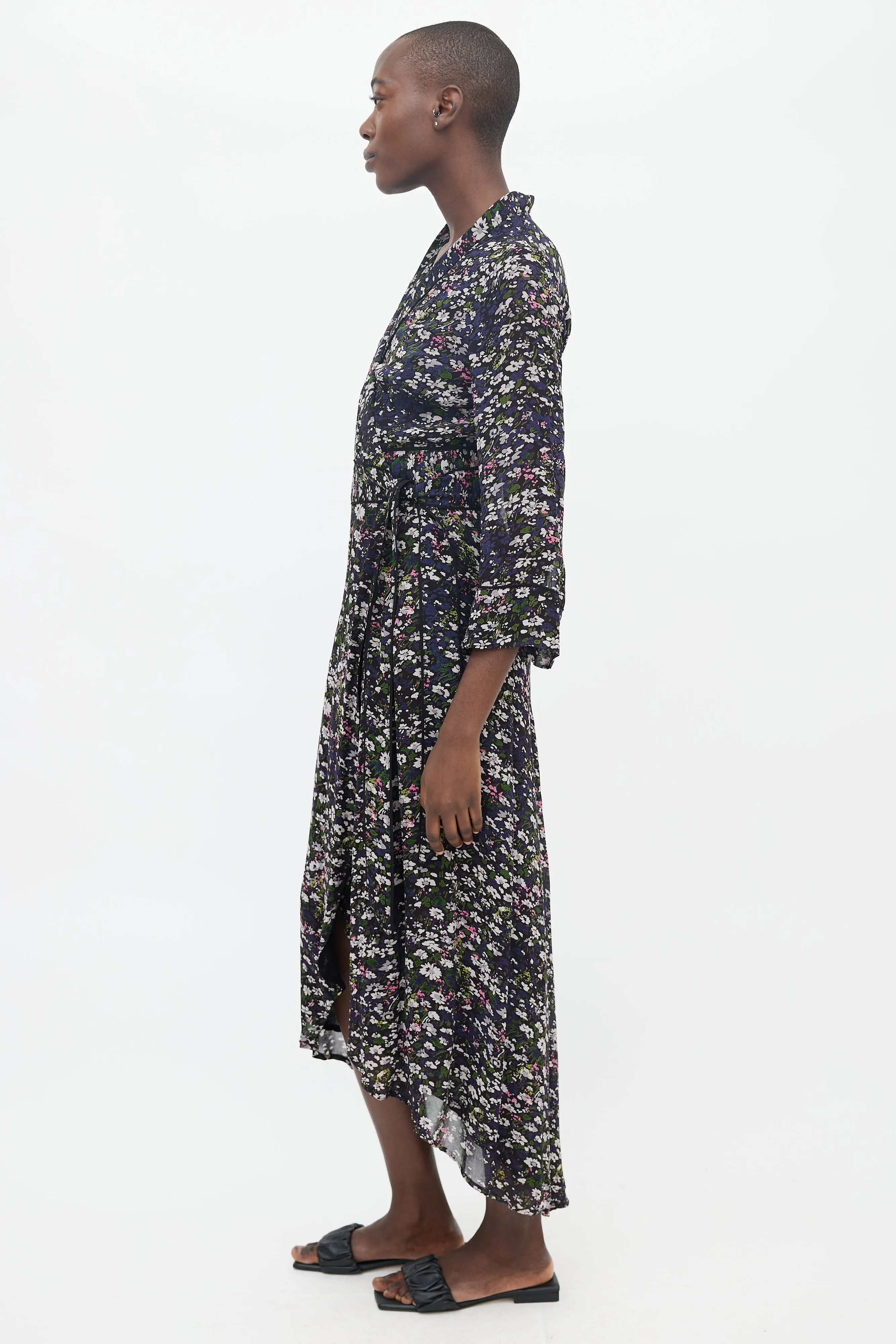 Black & Multicolor Floral Wrap Maxi Dress