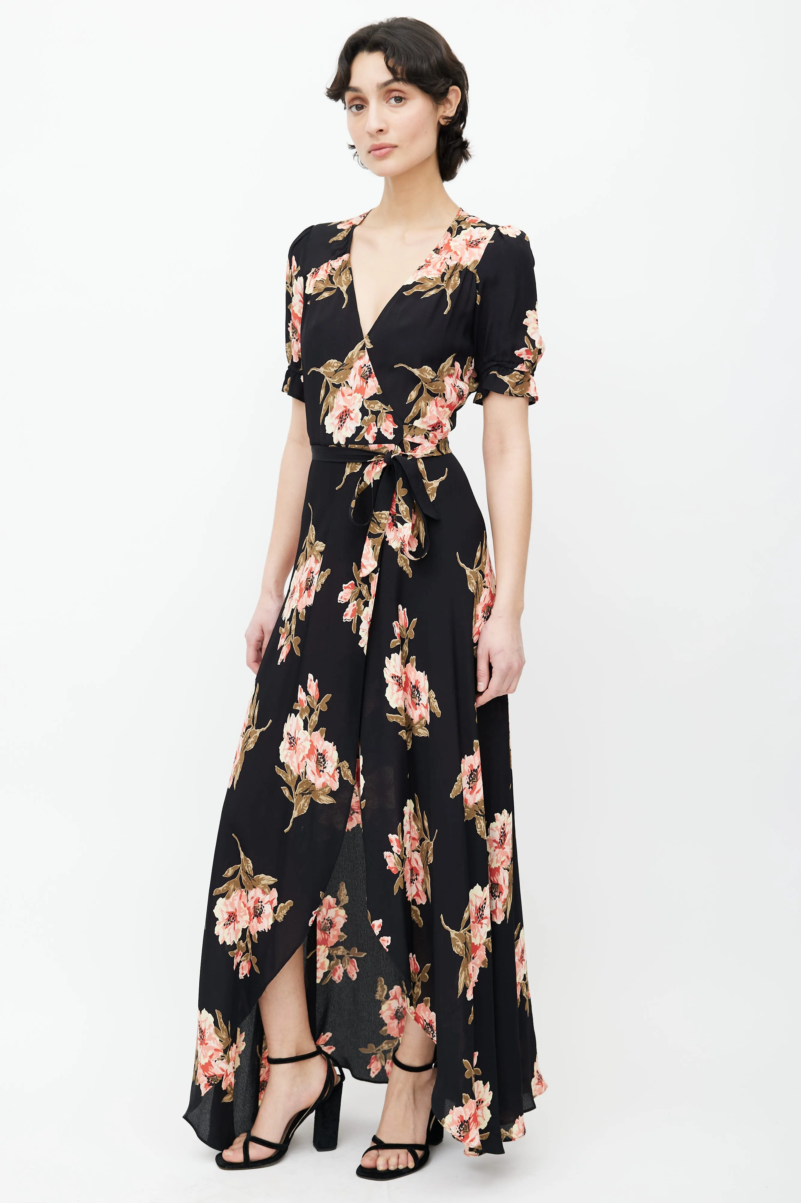 Black & Pink Floral Print Wrap Dress