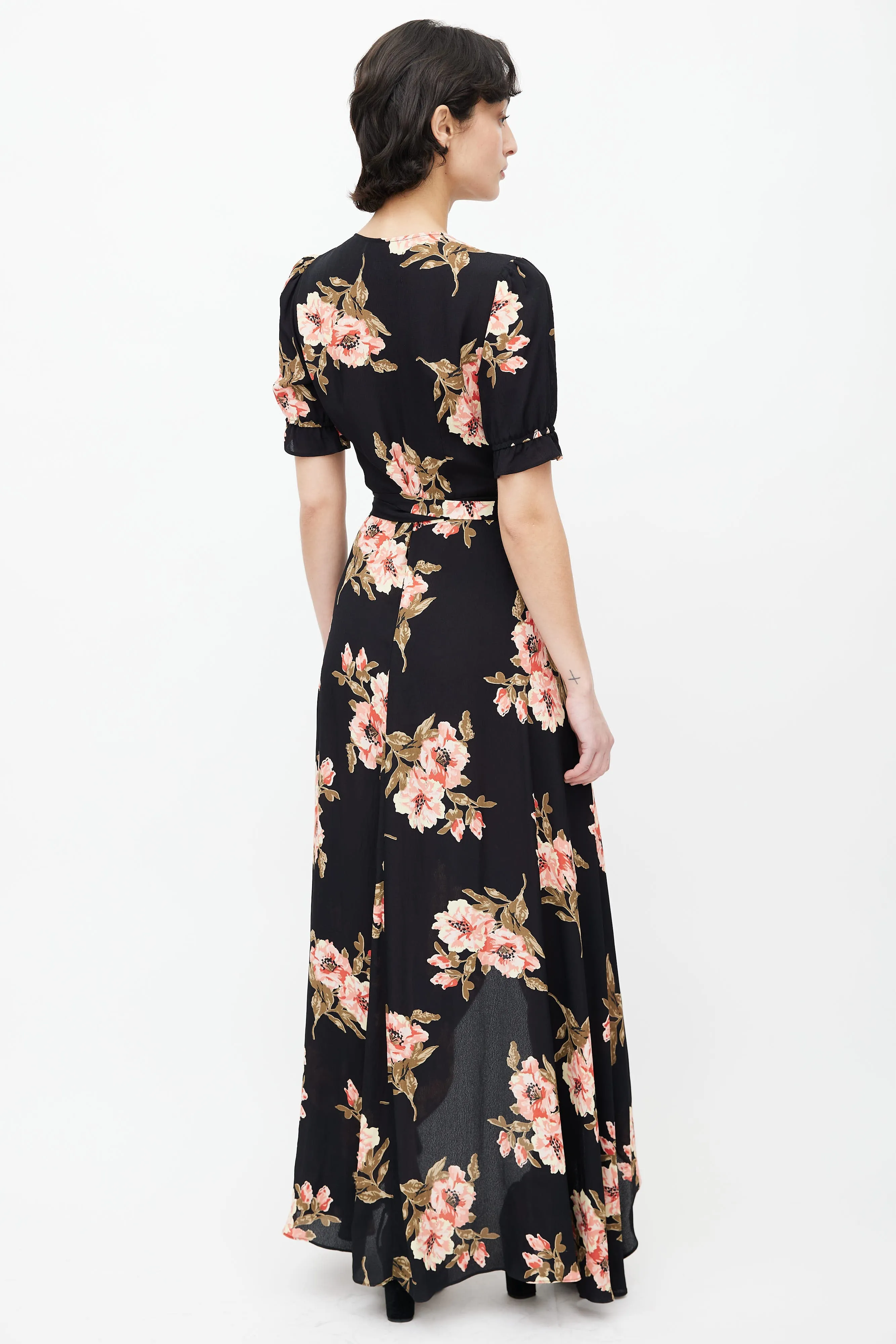 Black & Pink Floral Print Wrap Dress