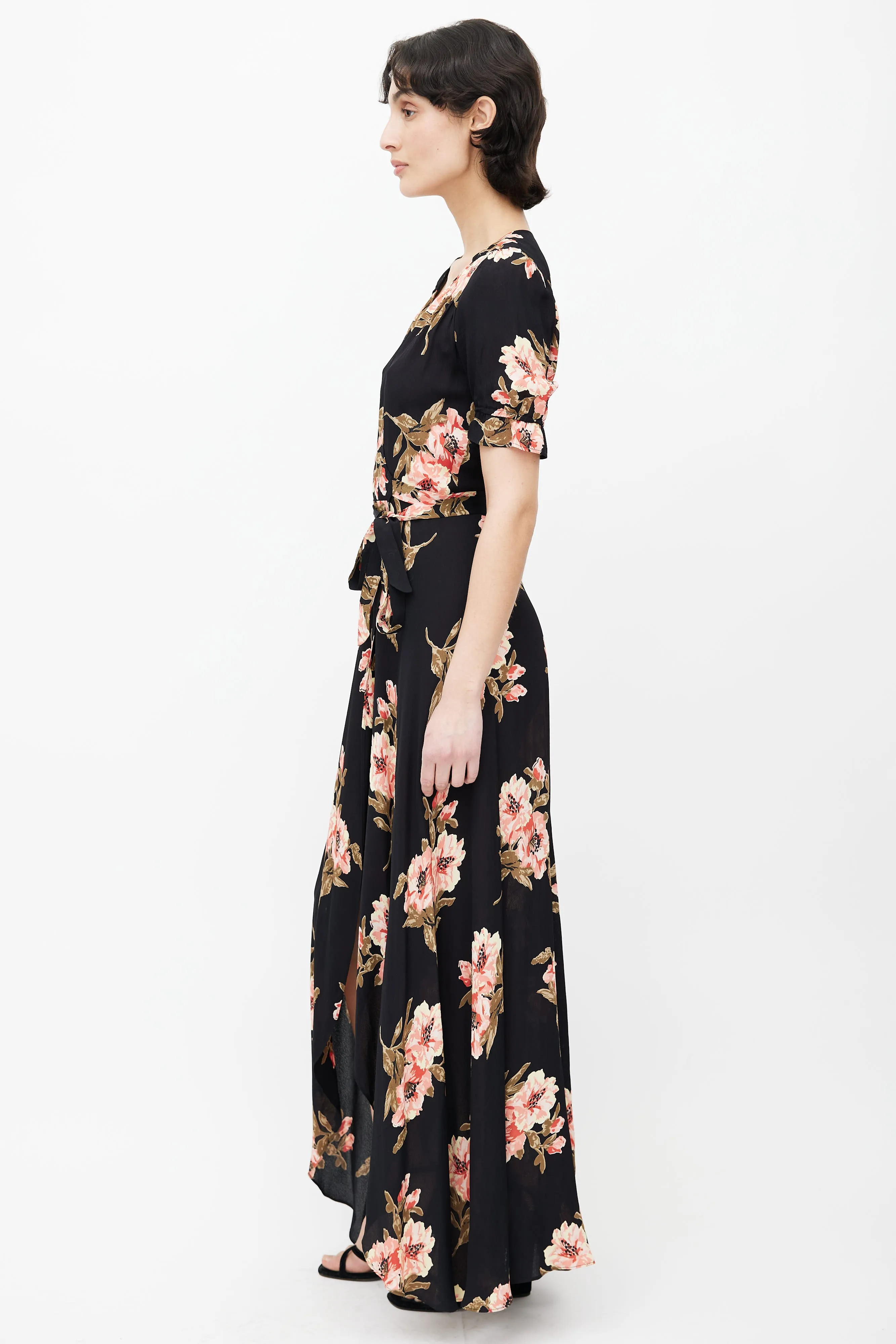 Black & Pink Floral Print Wrap Dress