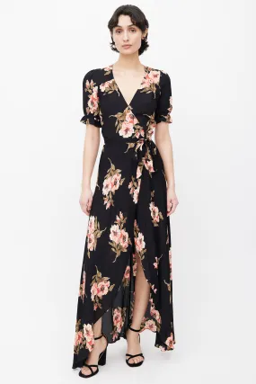 Black & Pink Floral Print Wrap Dress