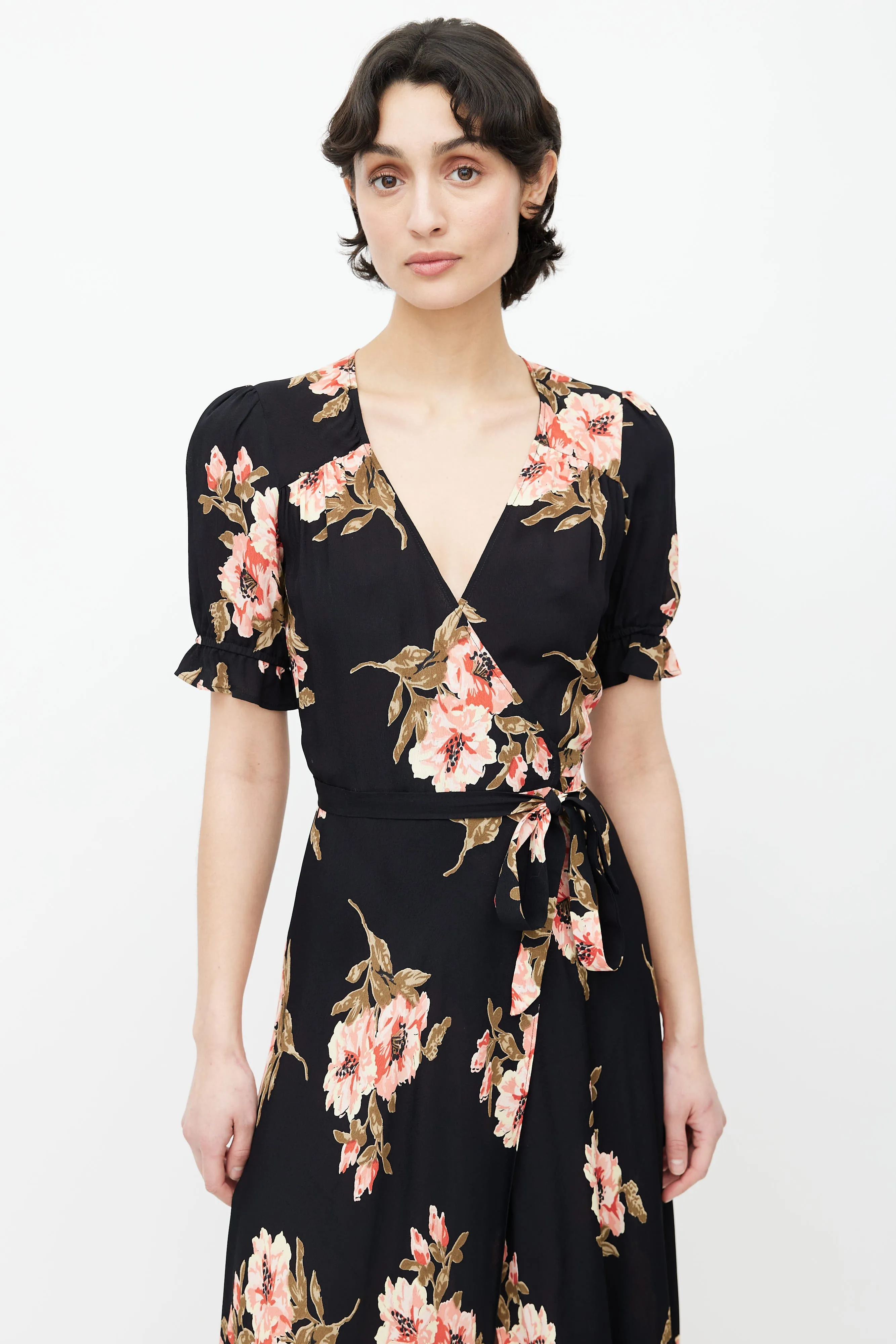 Black & Pink Floral Print Wrap Dress