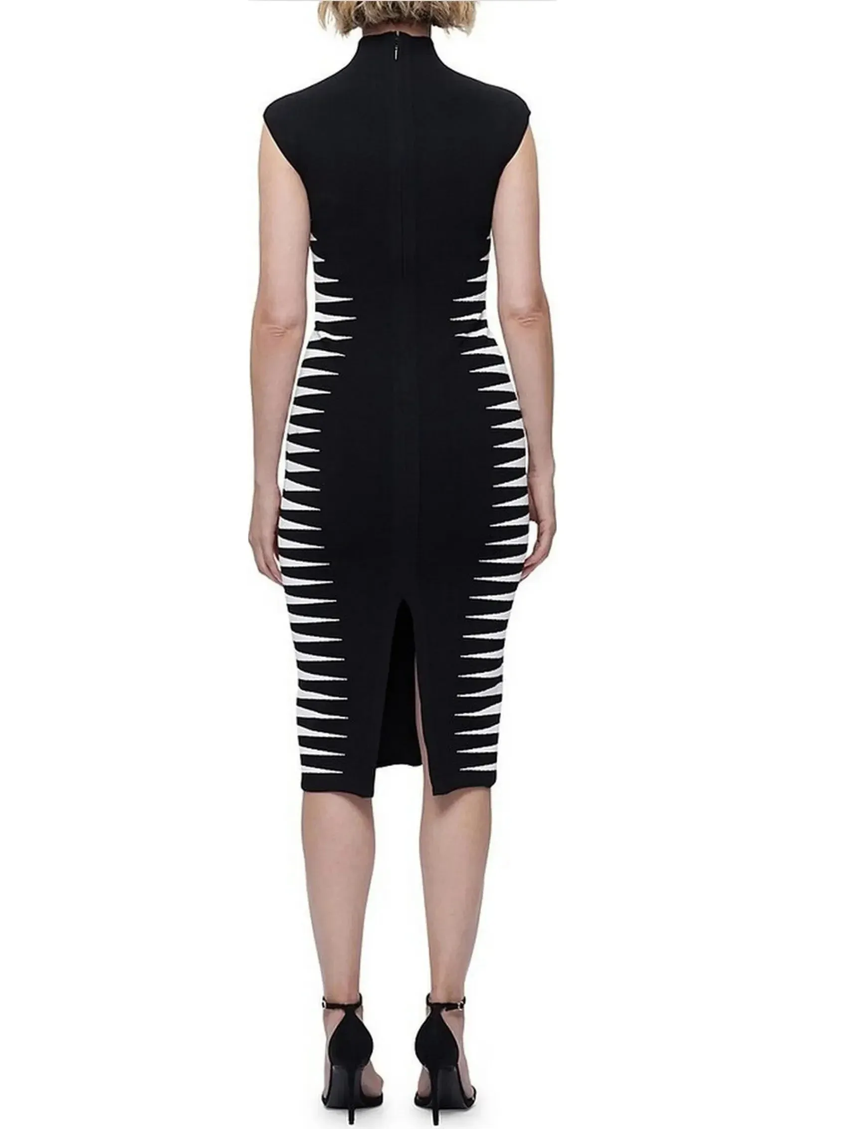 Black and White Side-Stripe Mock-Neck Midi Dress