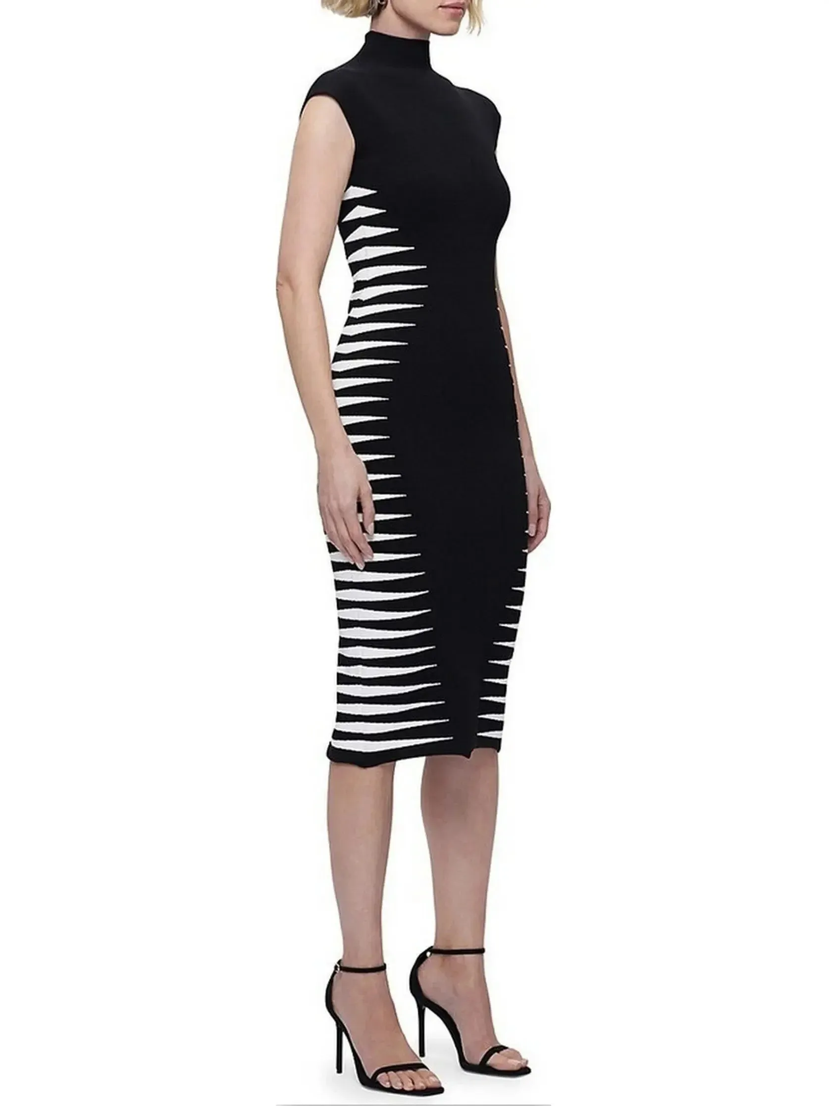 Black and White Side-Stripe Mock-Neck Midi Dress
