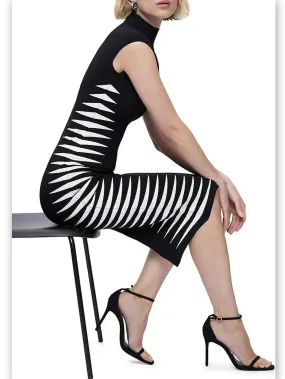 Black and White Side-Stripe Mock-Neck Midi Dress