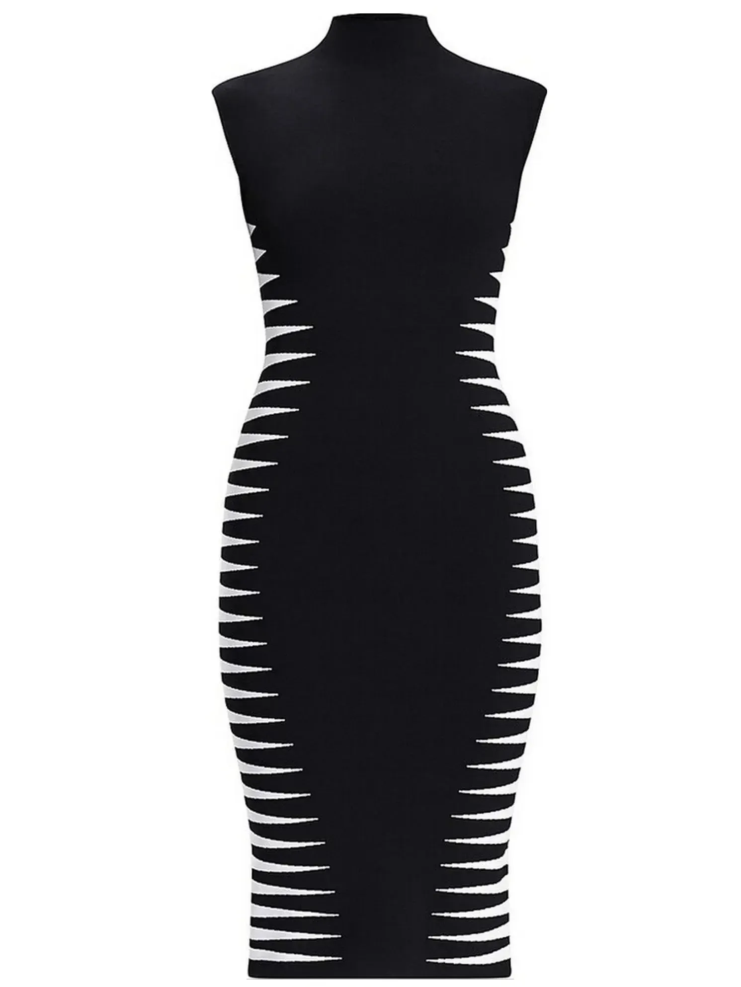 Black and White Side-Stripe Mock-Neck Midi Dress