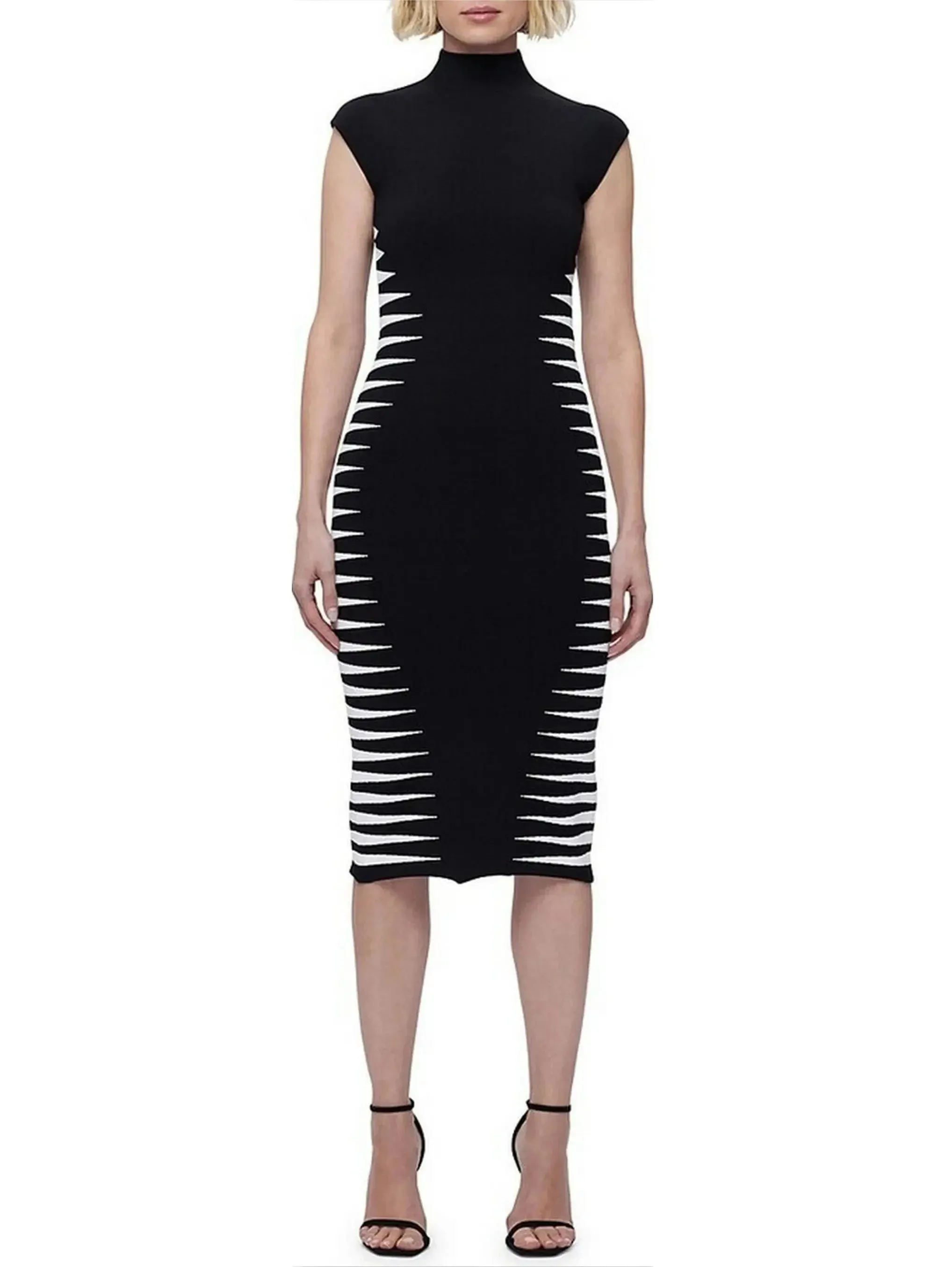 Black and White Side-Stripe Mock-Neck Midi Dress