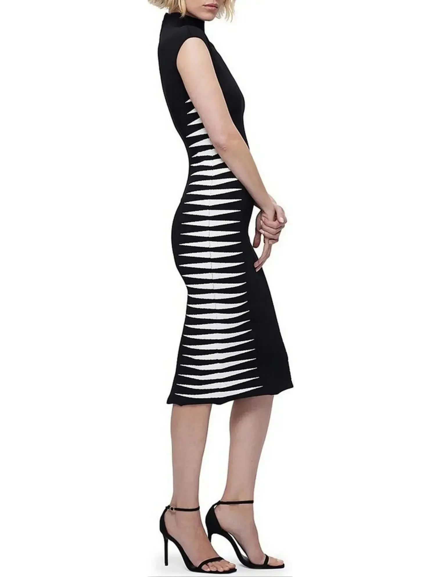 Black and White Side-Stripe Mock-Neck Midi Dress