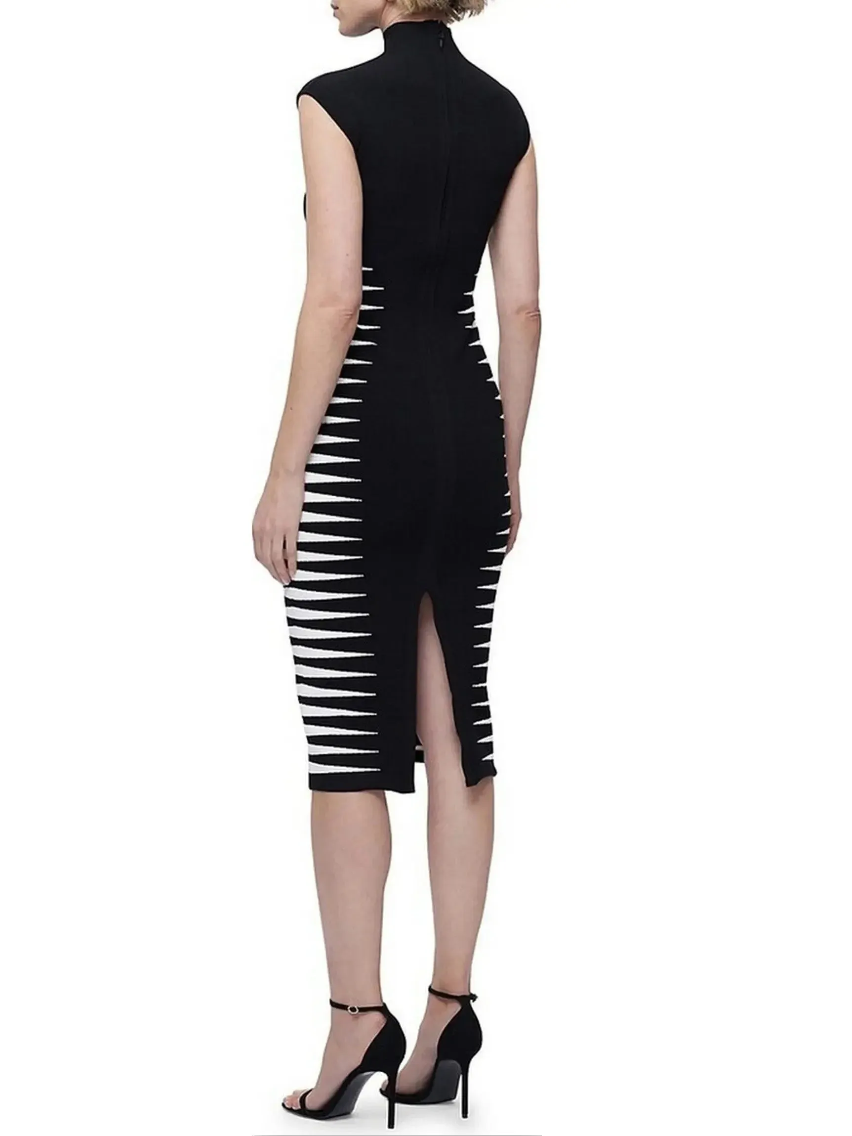 Black and White Side-Stripe Mock-Neck Midi Dress