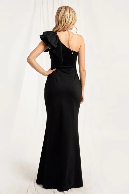 Black Ruffle Detailed One Shoulder Mermaid Maxi Dress