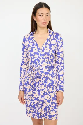 Blue & Pink Silk Floral Wrap Dress