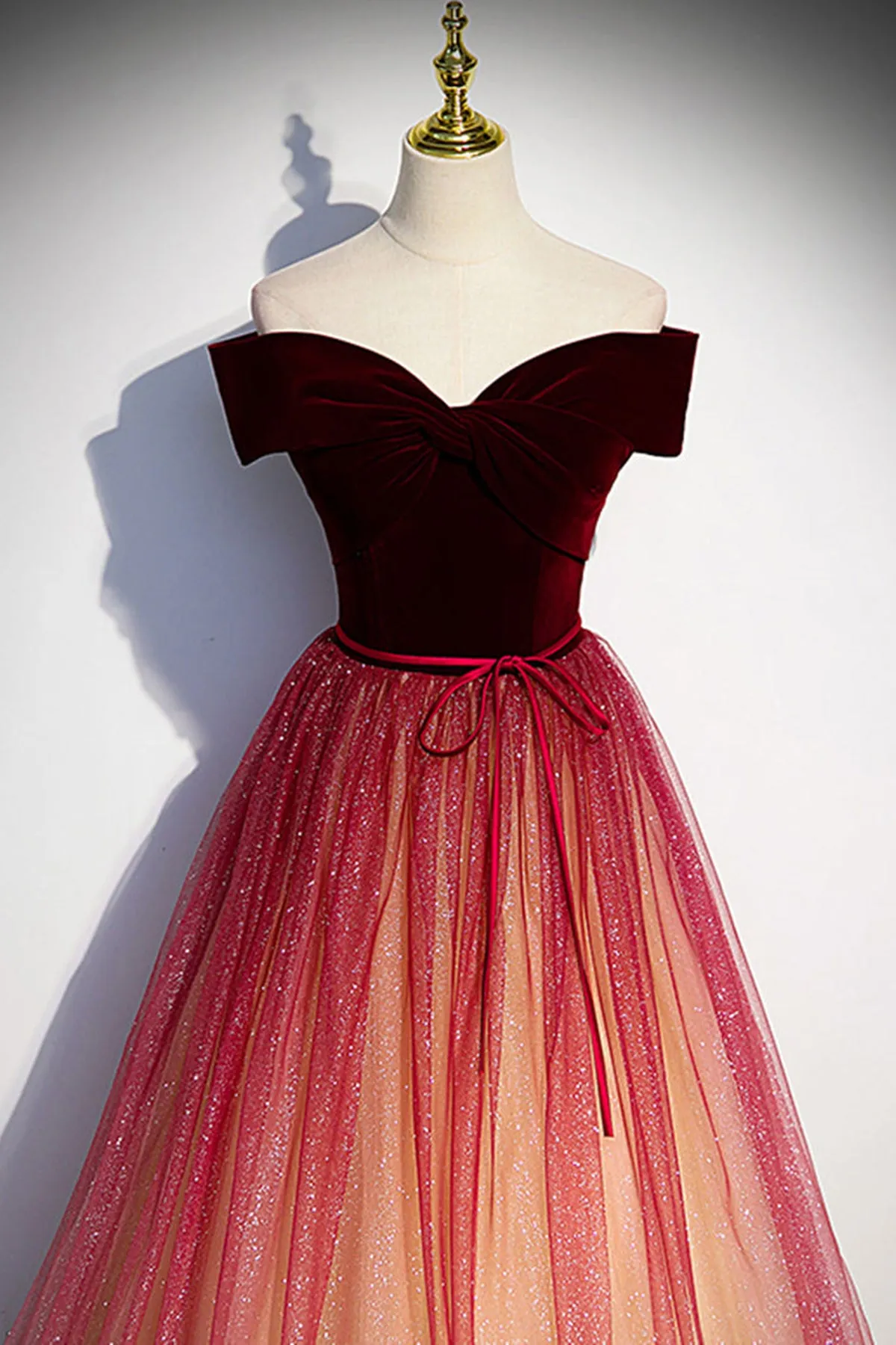 Burgundy Tulle Off Shoulder Long Prom Dresses, Off the Shoulder Burgundy Formal Evening Dresses WT1054