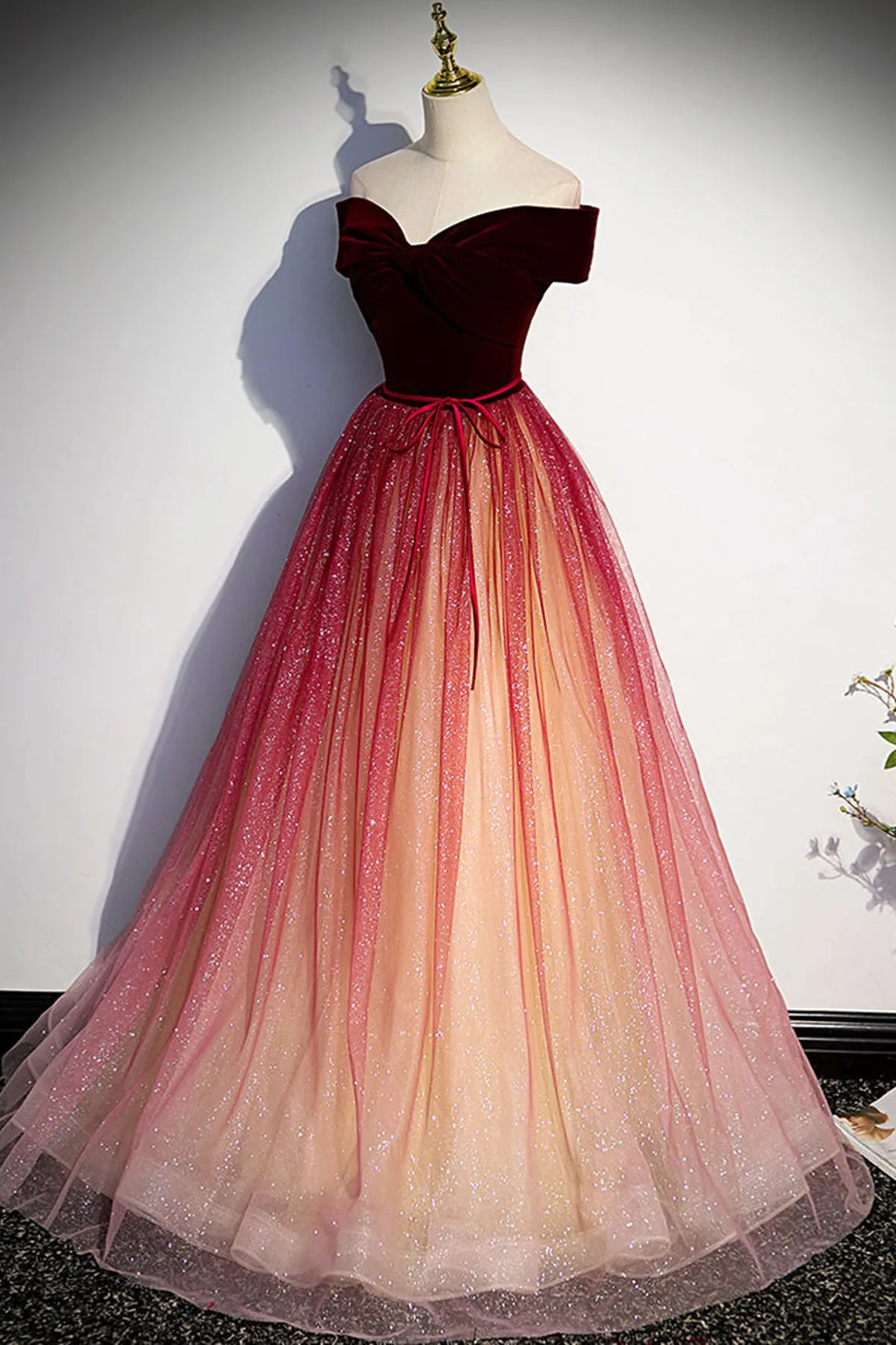 Burgundy Tulle Off Shoulder Long Prom Dresses, Off the Shoulder Burgundy Formal Evening Dresses WT1054
