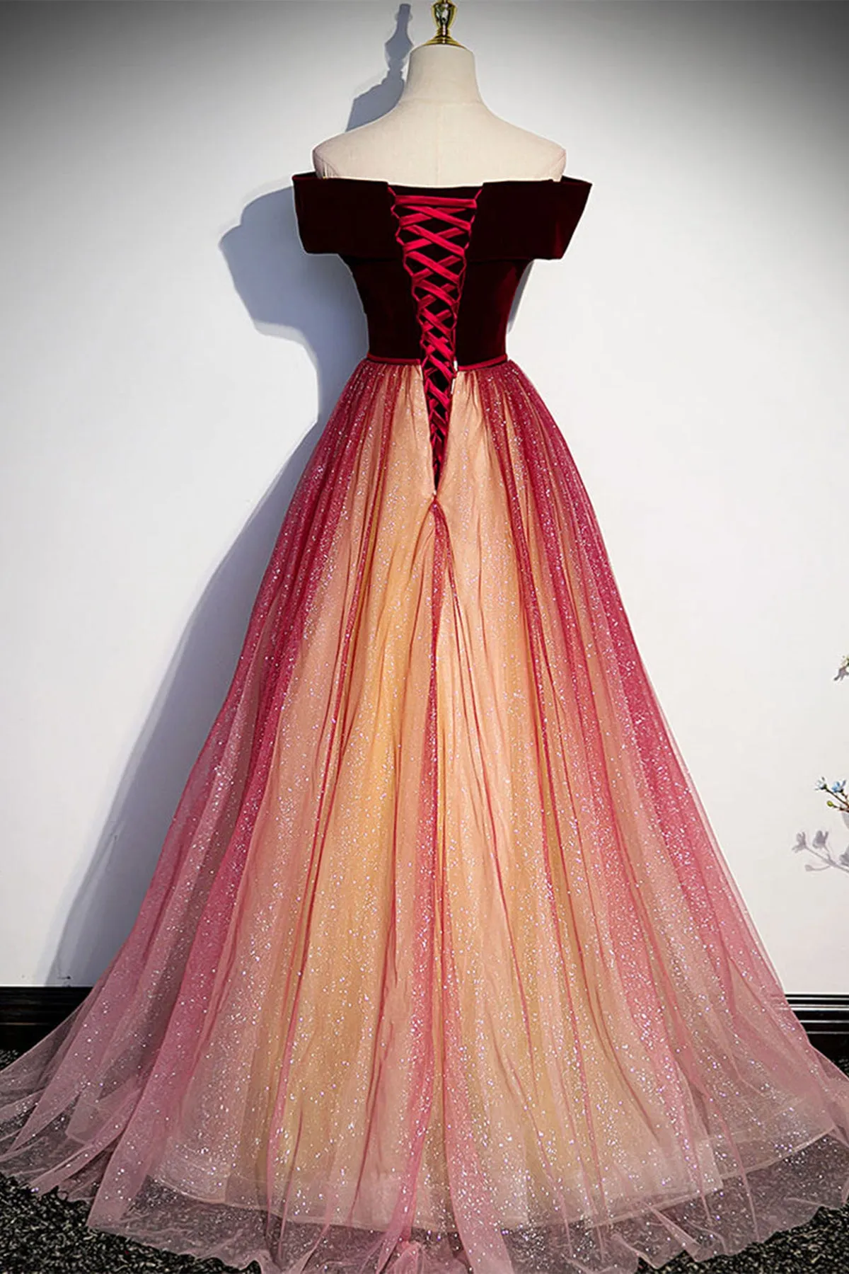 Burgundy Tulle Off Shoulder Long Prom Dresses, Off the Shoulder Burgundy Formal Evening Dresses WT1054