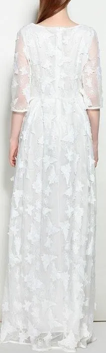 Butterfly-Embroidered Mesh Gown, White