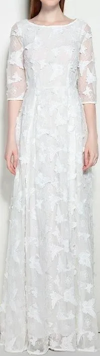 Butterfly-Embroidered Mesh Gown, White