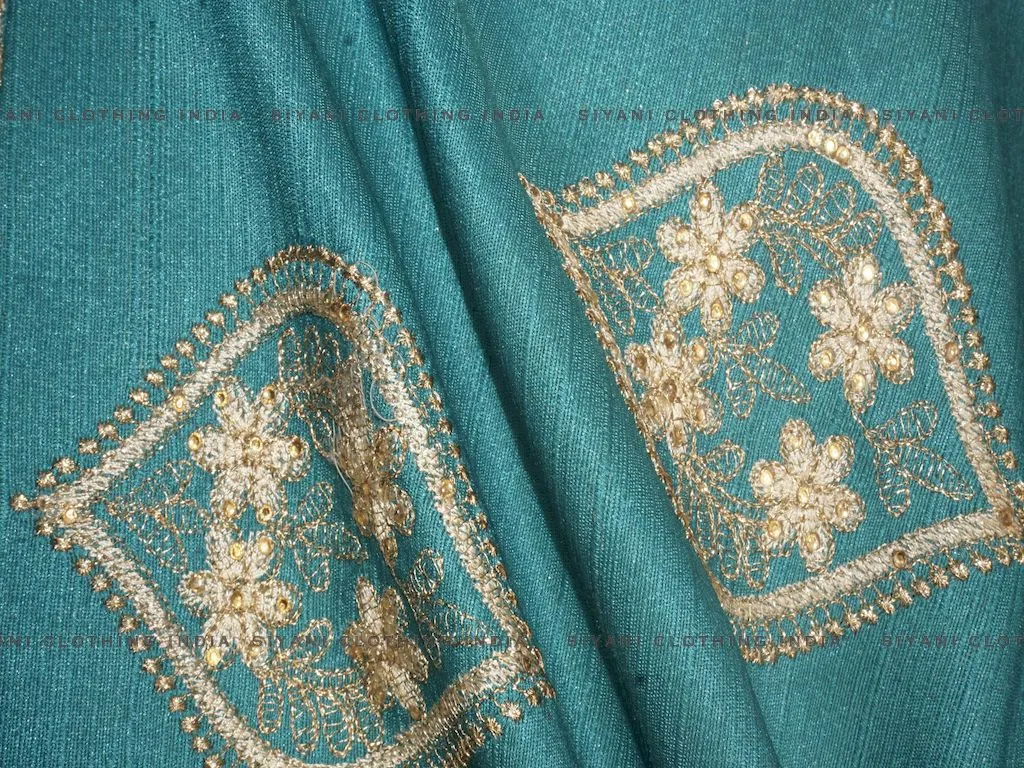 Dark Green Kalash Pattern Thread Embroidered Silk Fabric