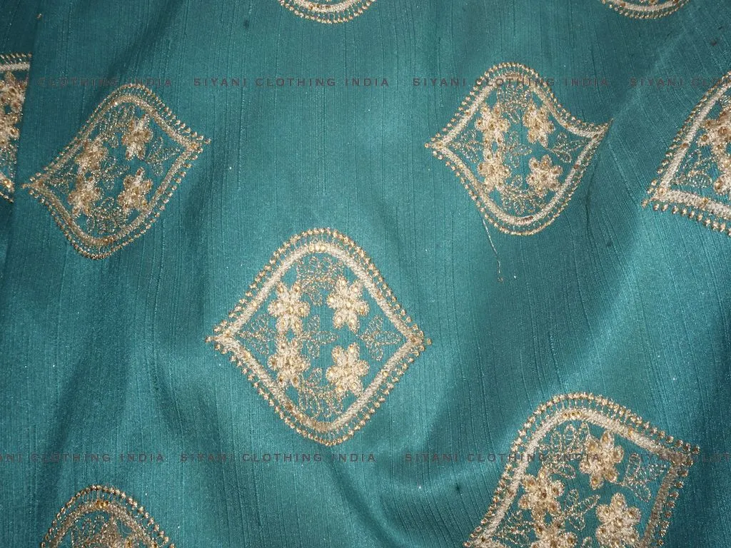 Dark Green Kalash Pattern Thread Embroidered Silk Fabric