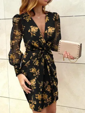 deanwangkt Women Leopard Twist V-Neck Elegant Long Sleeve Dress