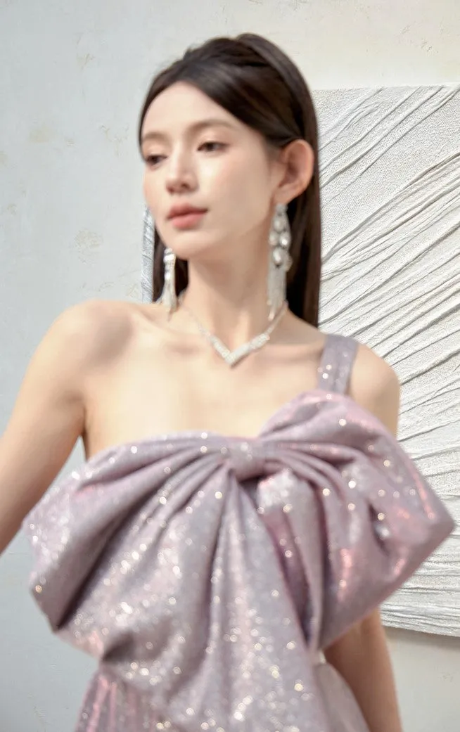 DOLLY Elegant Purple Off Shoulder Bow Sequin Long High Waist Cocktail Dress-TESSA  (V)