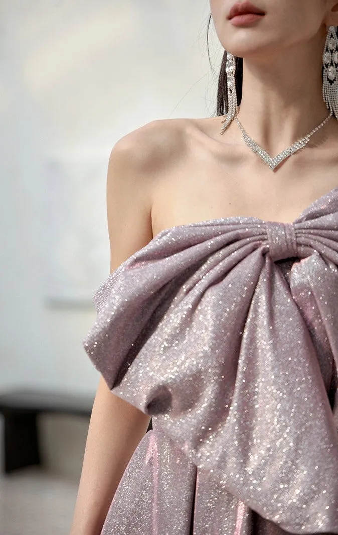 DOLLY Elegant Purple Off Shoulder Bow Sequin Long High Waist Cocktail Dress-TESSA  (V)