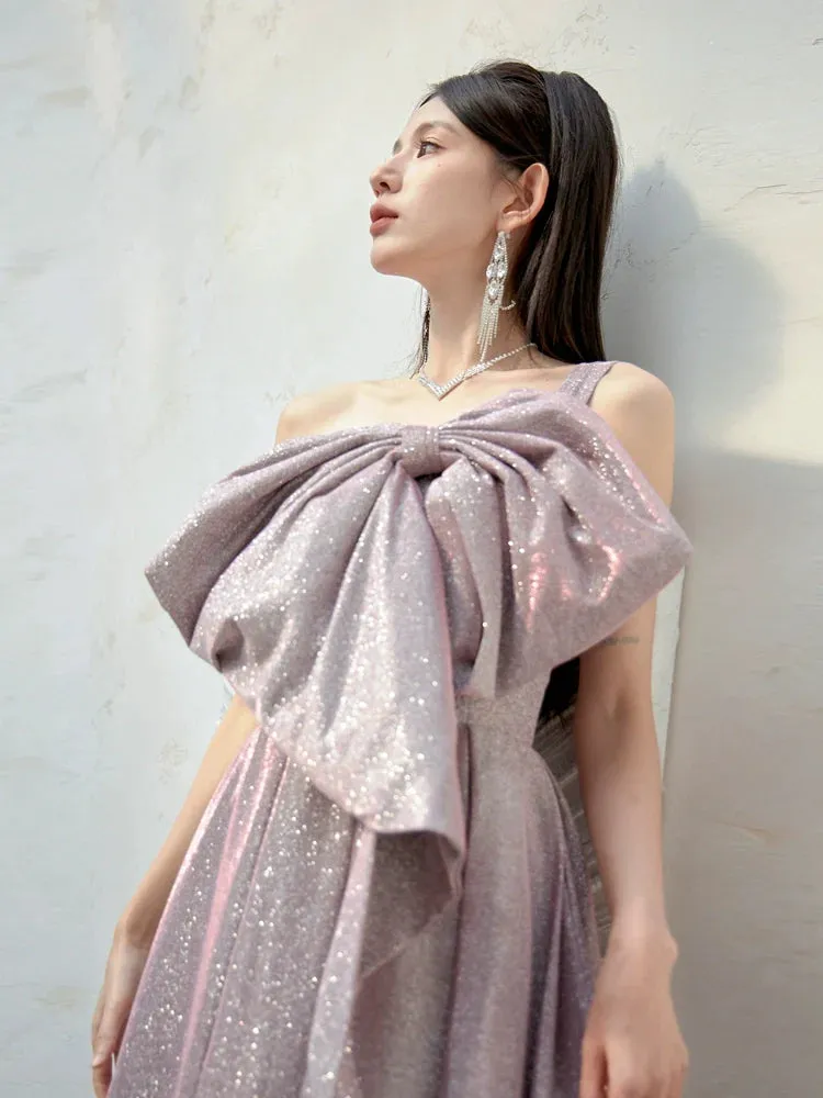 DOLLY Elegant Purple Off Shoulder Bow Sequin Long High Waist Cocktail Dress-TESSA  (V)