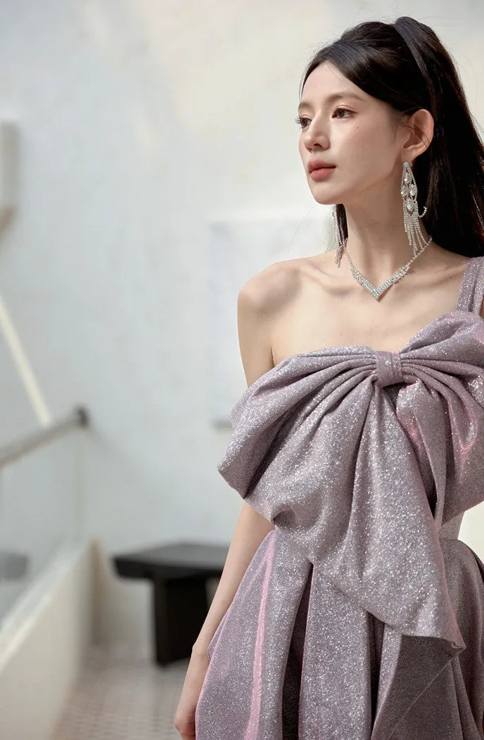 DOLLY Elegant Purple Off Shoulder Bow Sequin Long High Waist Cocktail Dress-TESSA  (V)