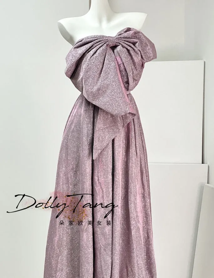 DOLLY Elegant Purple Off Shoulder Bow Sequin Long High Waist Cocktail Dress-TESSA  (V)