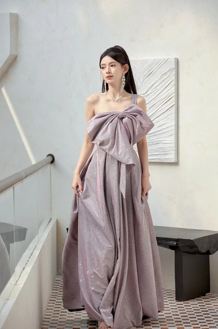 DOLLY Elegant Purple Off Shoulder Bow Sequin Long High Waist Cocktail Dress-TESSA  (V)