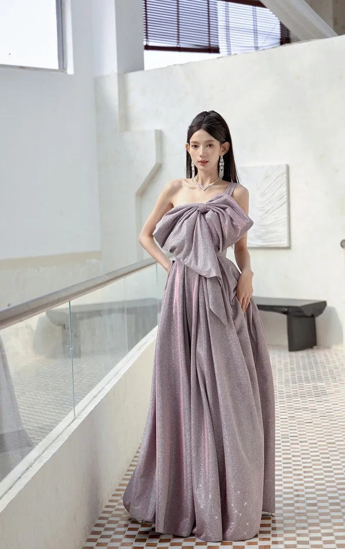 DOLLY Elegant Purple Off Shoulder Bow Sequin Long High Waist Cocktail Dress-TESSA  (V)