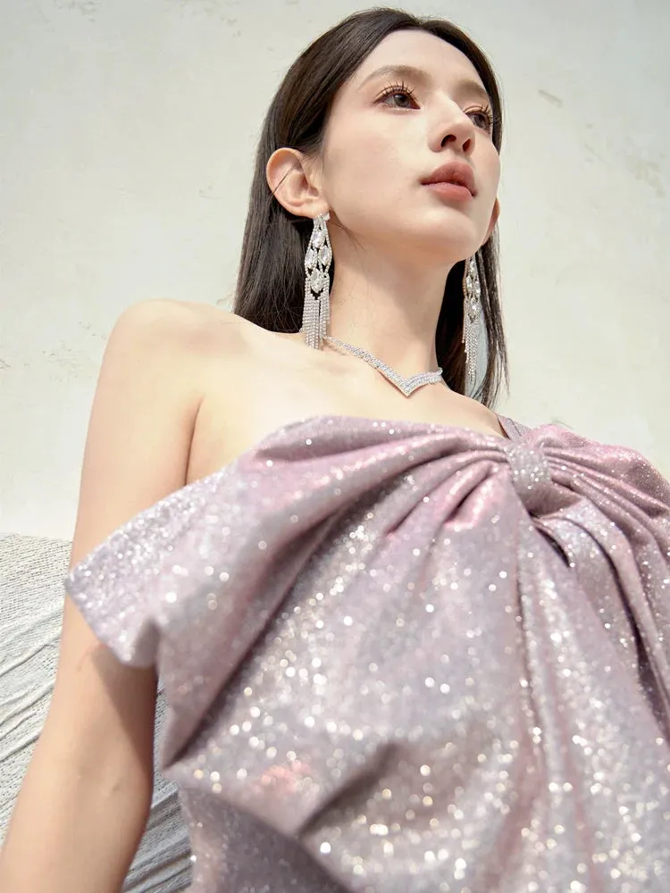 DOLLY Elegant Purple Off Shoulder Bow Sequin Long High Waist Cocktail Dress-TESSA  (V)