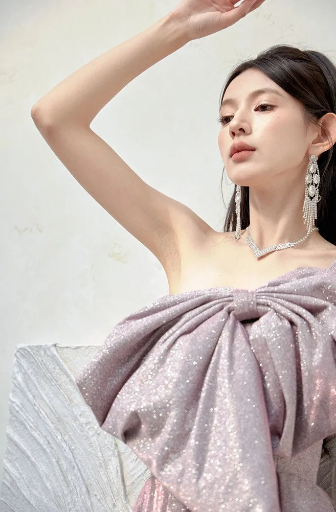 DOLLY Elegant Purple Off Shoulder Bow Sequin Long High Waist Cocktail Dress-TESSA  (V)