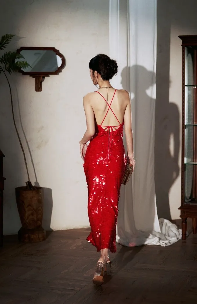 DOLLY Elegant Red French Sleeveless Sequin Backless Long Cocktail Dress-Quin