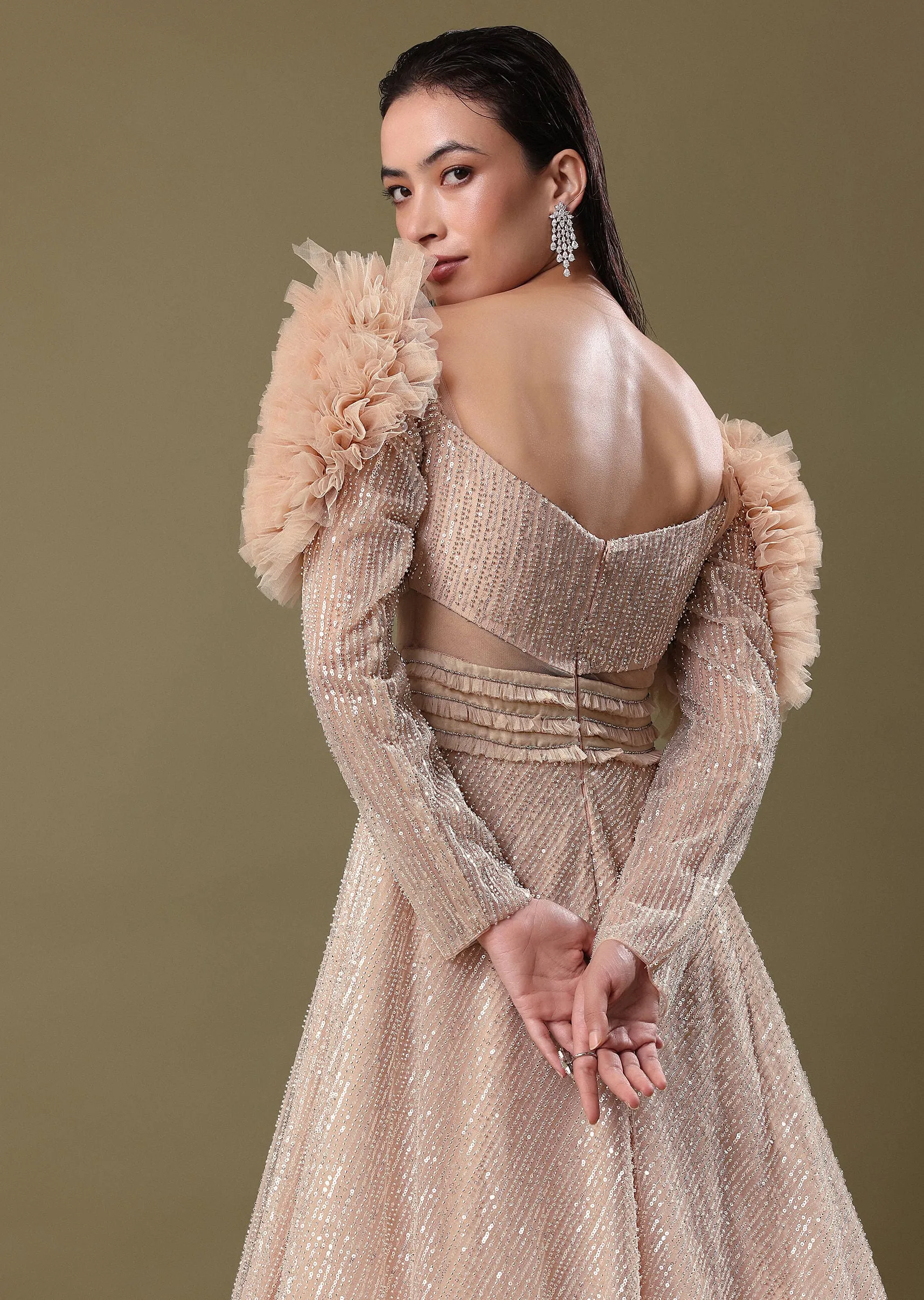 Dusty Peach Embroidered Ruffle Sleeve Gown Kalki
