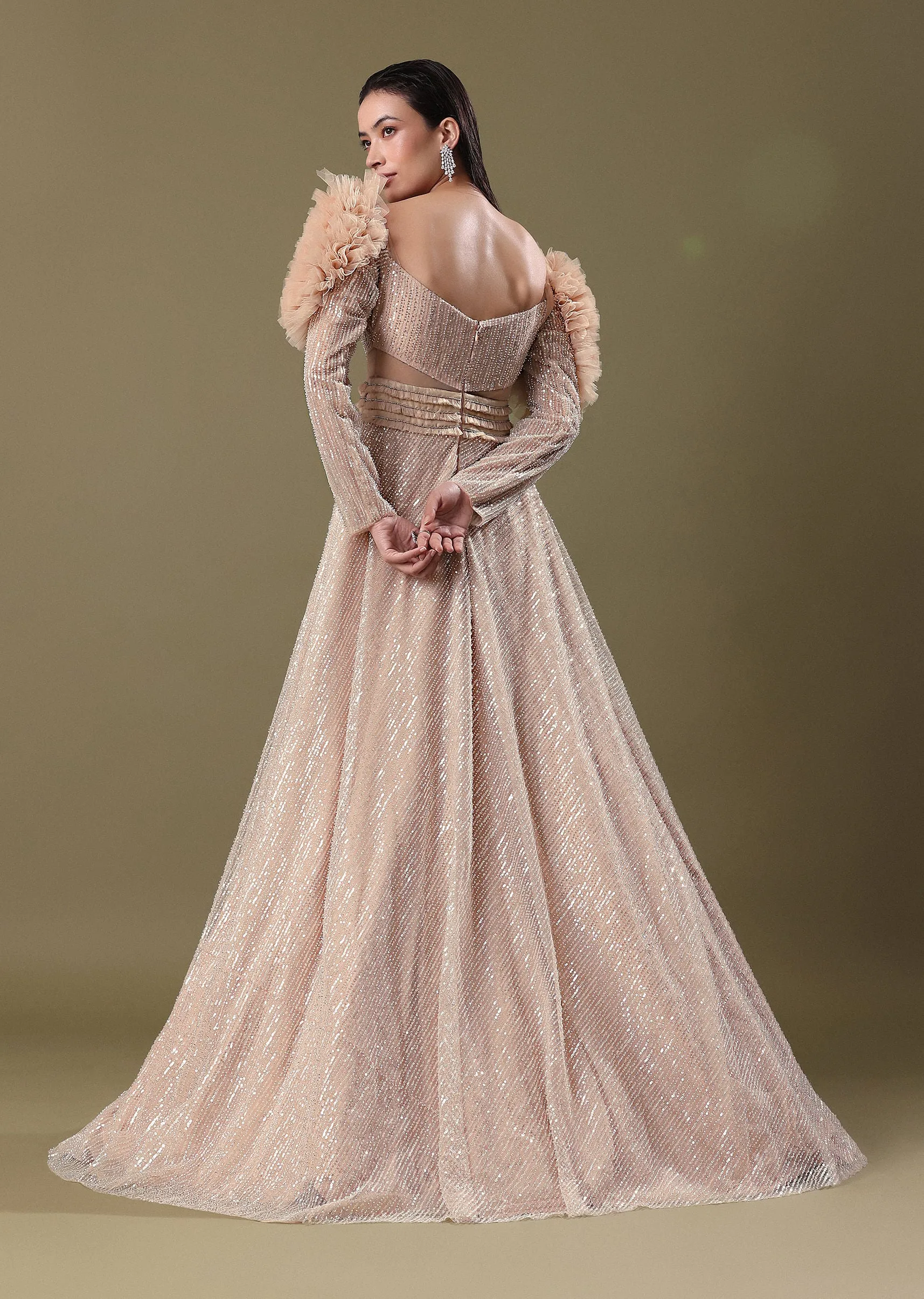 Dusty Peach Embroidered Ruffle Sleeve Gown Kalki