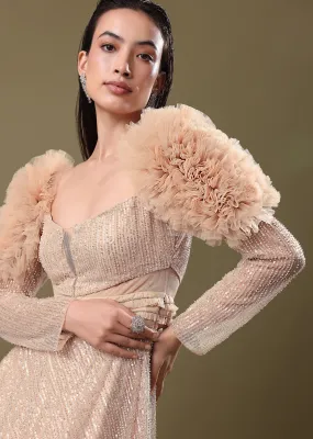 Dusty Peach Embroidered Ruffle Sleeve Gown Kalki