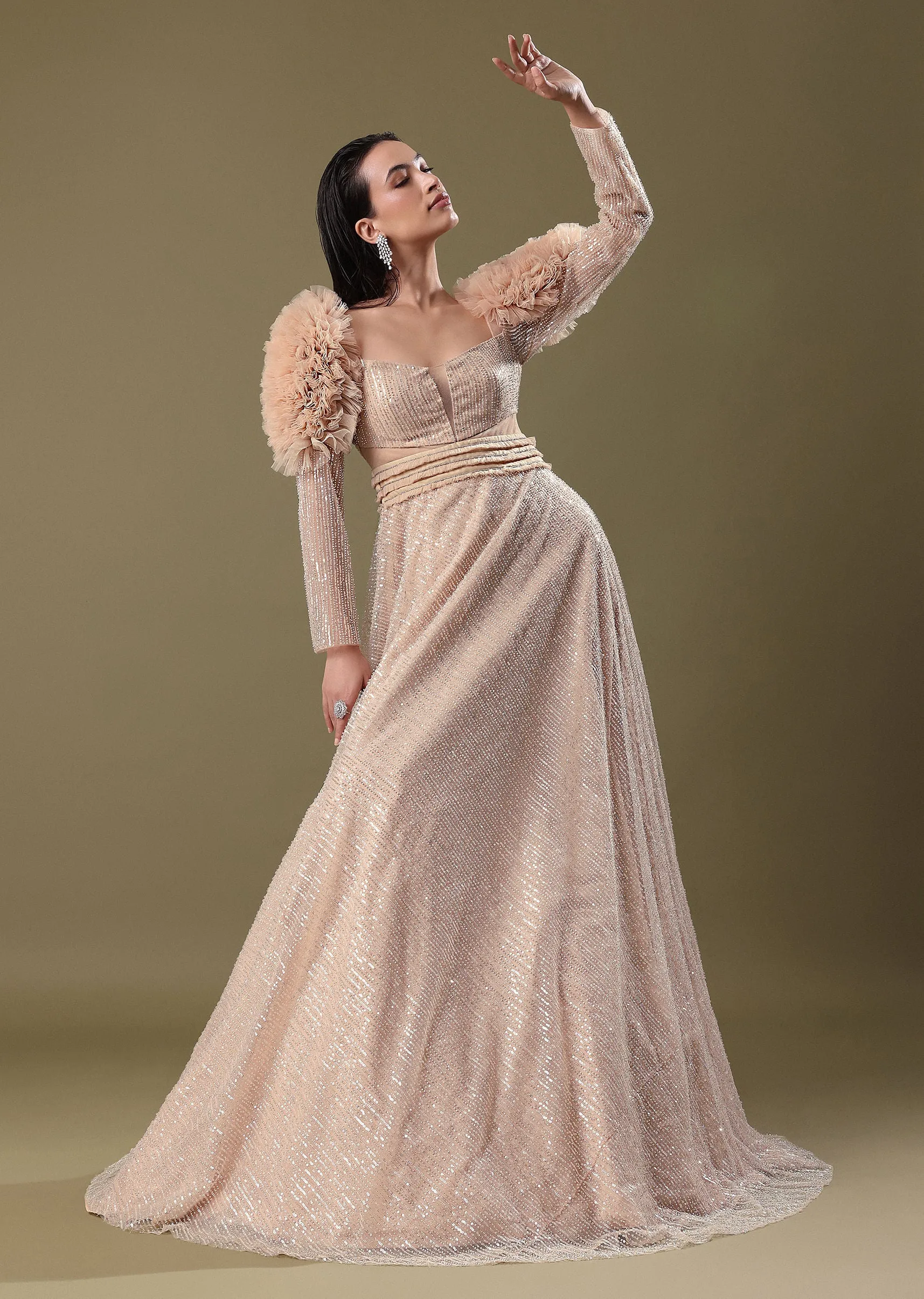 Dusty Peach Embroidered Ruffle Sleeve Gown Kalki