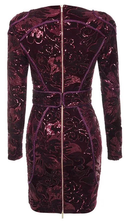 Embellished Floral-Embroidered Long-Sleeve Mini Dress