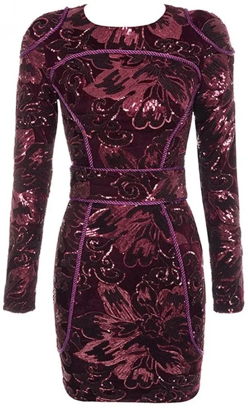Embellished Floral-Embroidered Long-Sleeve Mini Dress