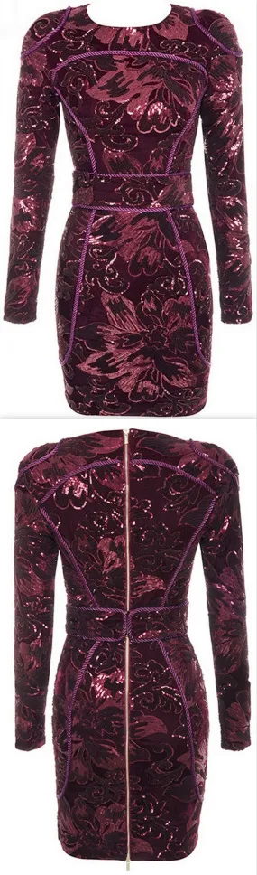 Embellished Floral-Embroidered Long-Sleeve Mini Dress