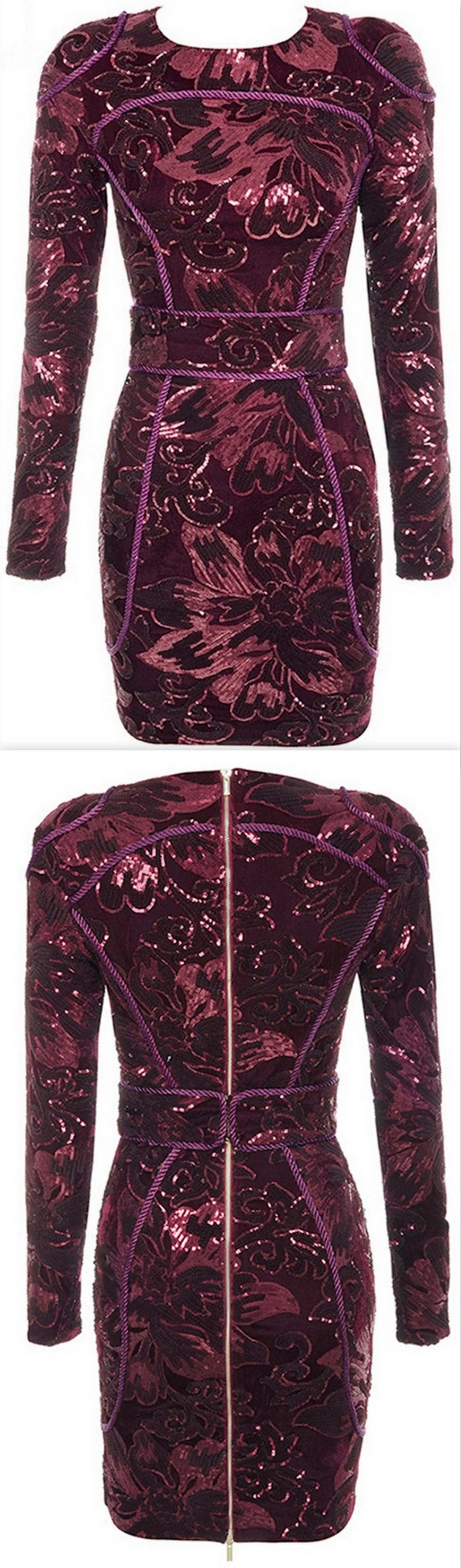 Embellished Floral-Embroidered Long-Sleeve Mini Dress