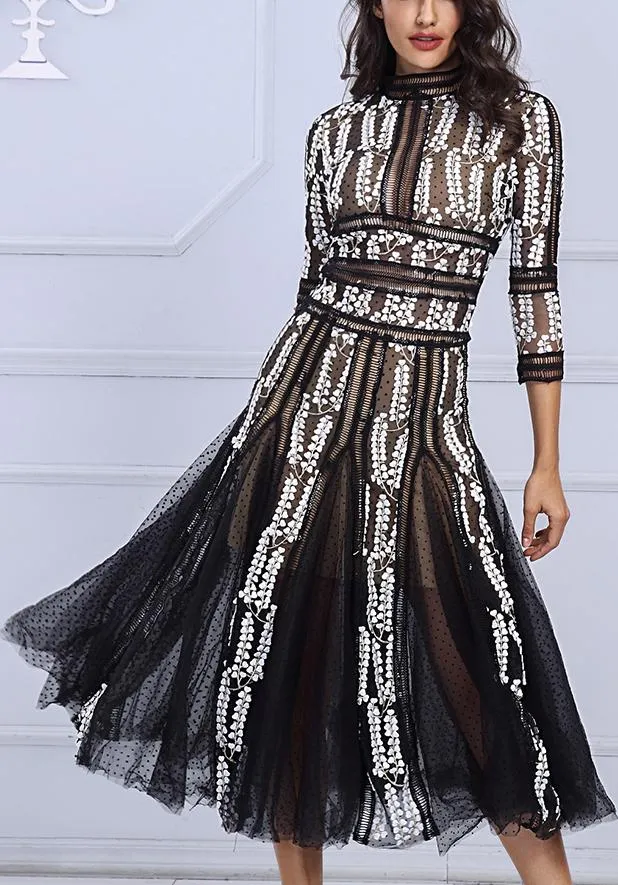 Embroidered Mesh-Paneled Midi Dress