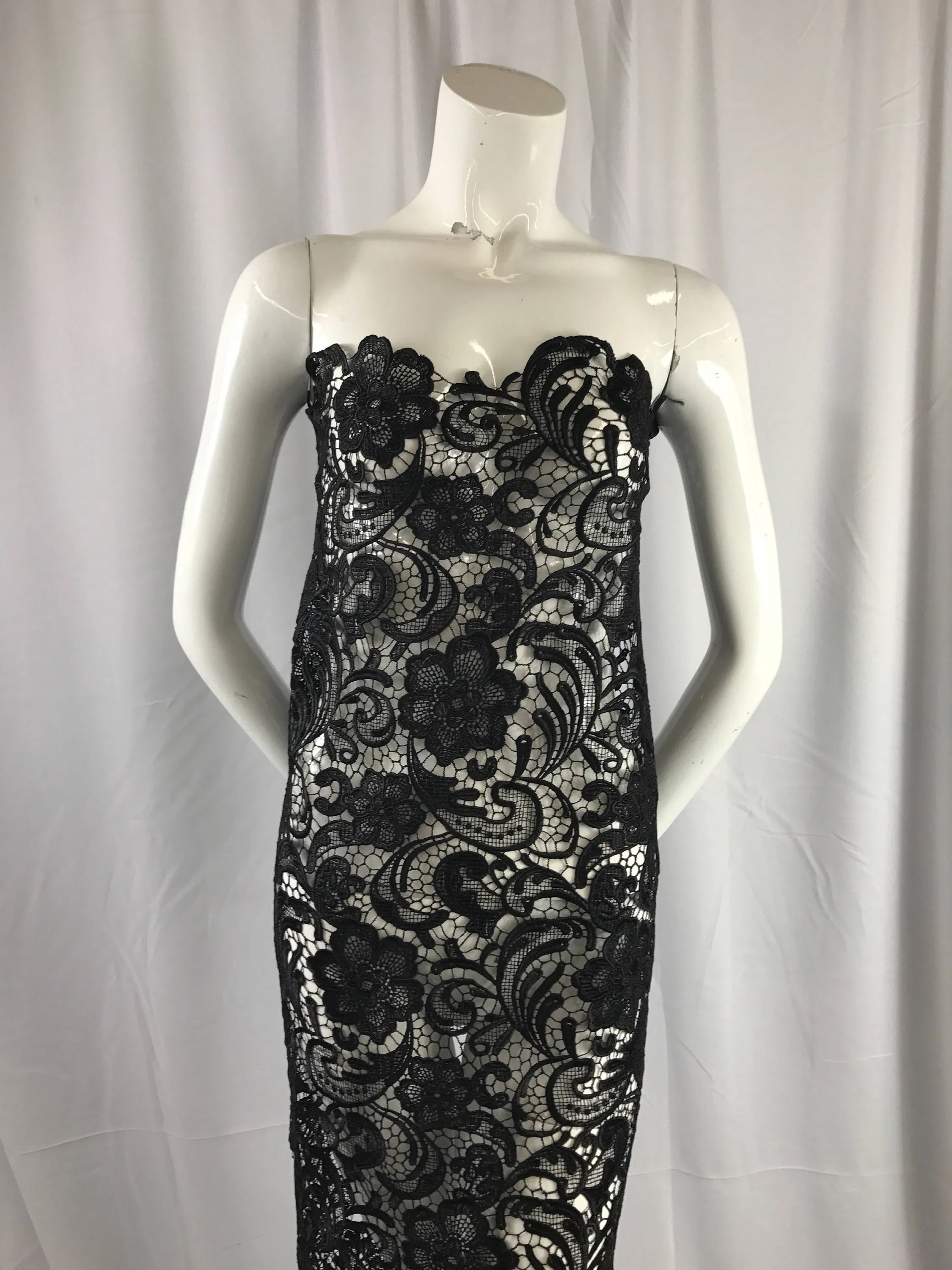 Fascinating black Light weight Guipure design-prom-nightgown-decorations-dresses-fashion-apparel-sold by the yard.