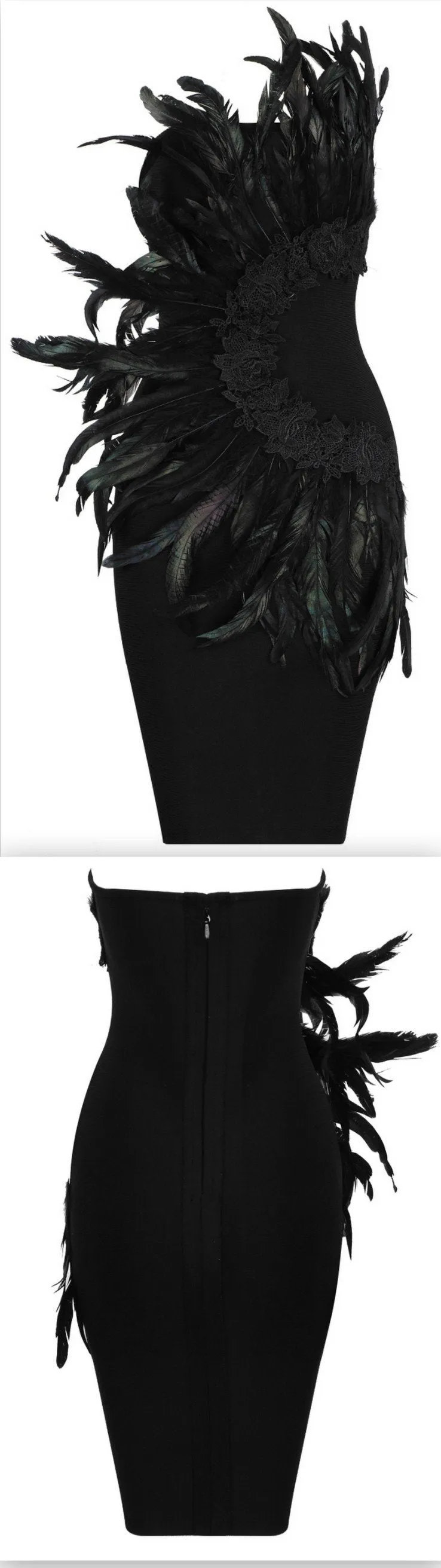 Feather-Embellished Strapless Embroidered Mini Dress