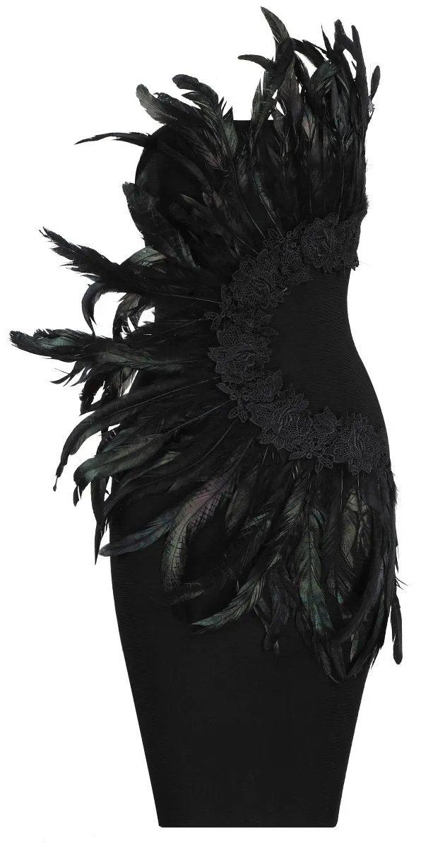 Feather-Embellished Strapless Embroidered Mini Dress