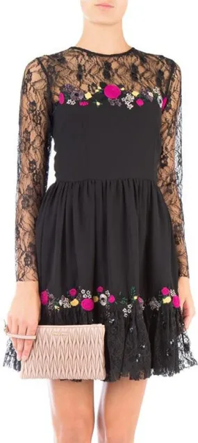 Floral-Embroidered Black Lace Dress