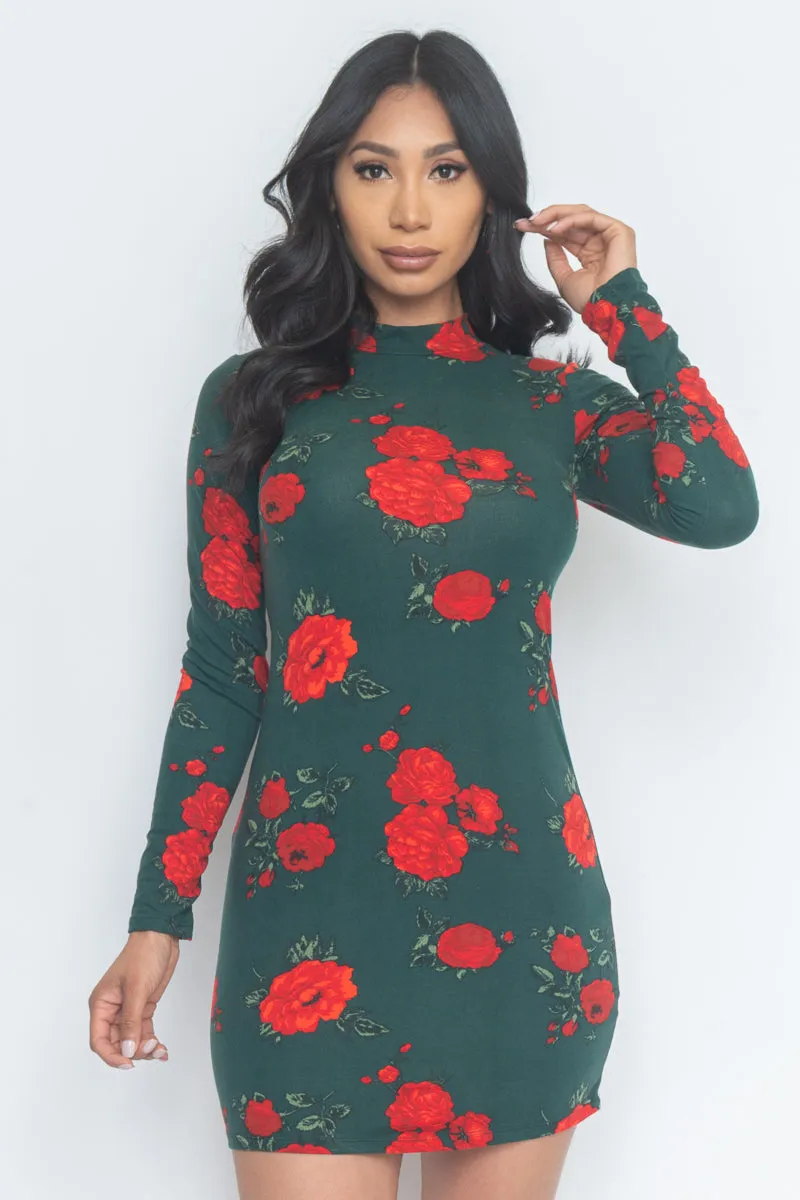 Floral Print Mock Neck Mini Dress (JD33873LP)